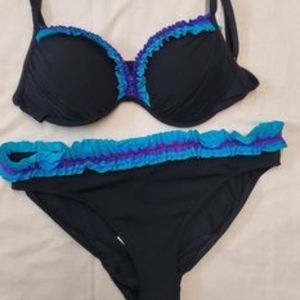 Size 10  Black and Blue Ruffled Swim Suit BIKINI set 2 pc